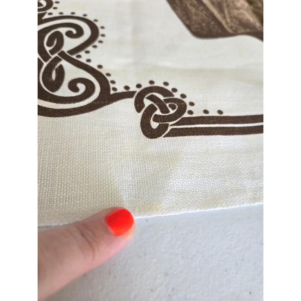 Vintage Fingal Tea Towel Cream Brown Irish Linen Harp Celtic Knot Ireland 18x30